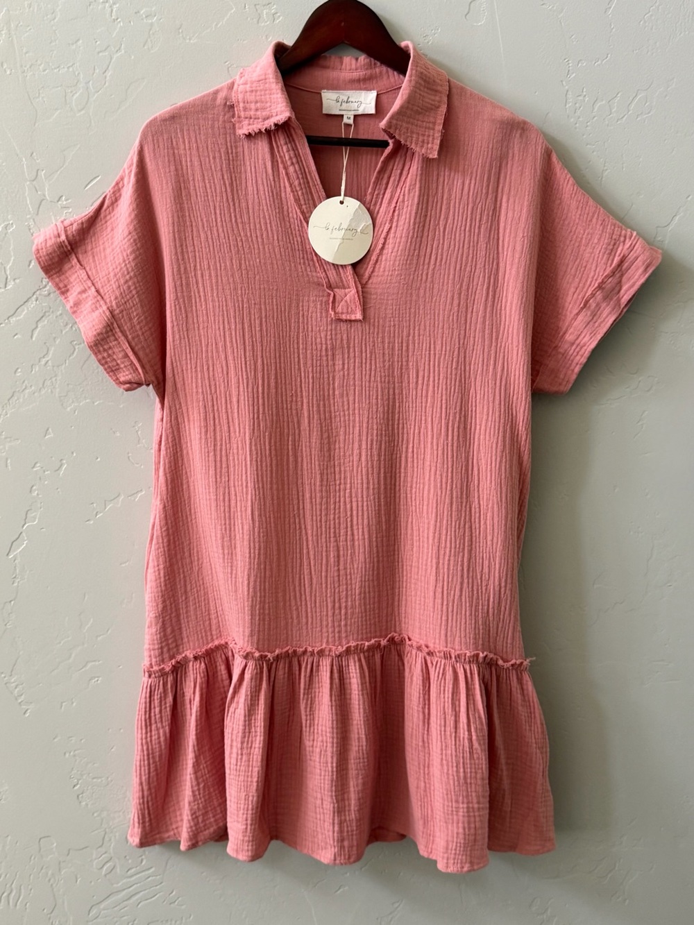 In February Womens Cotton Mini Dress Size M Dusty Salmon Summer Boho Vacation - Picture 2 of 9